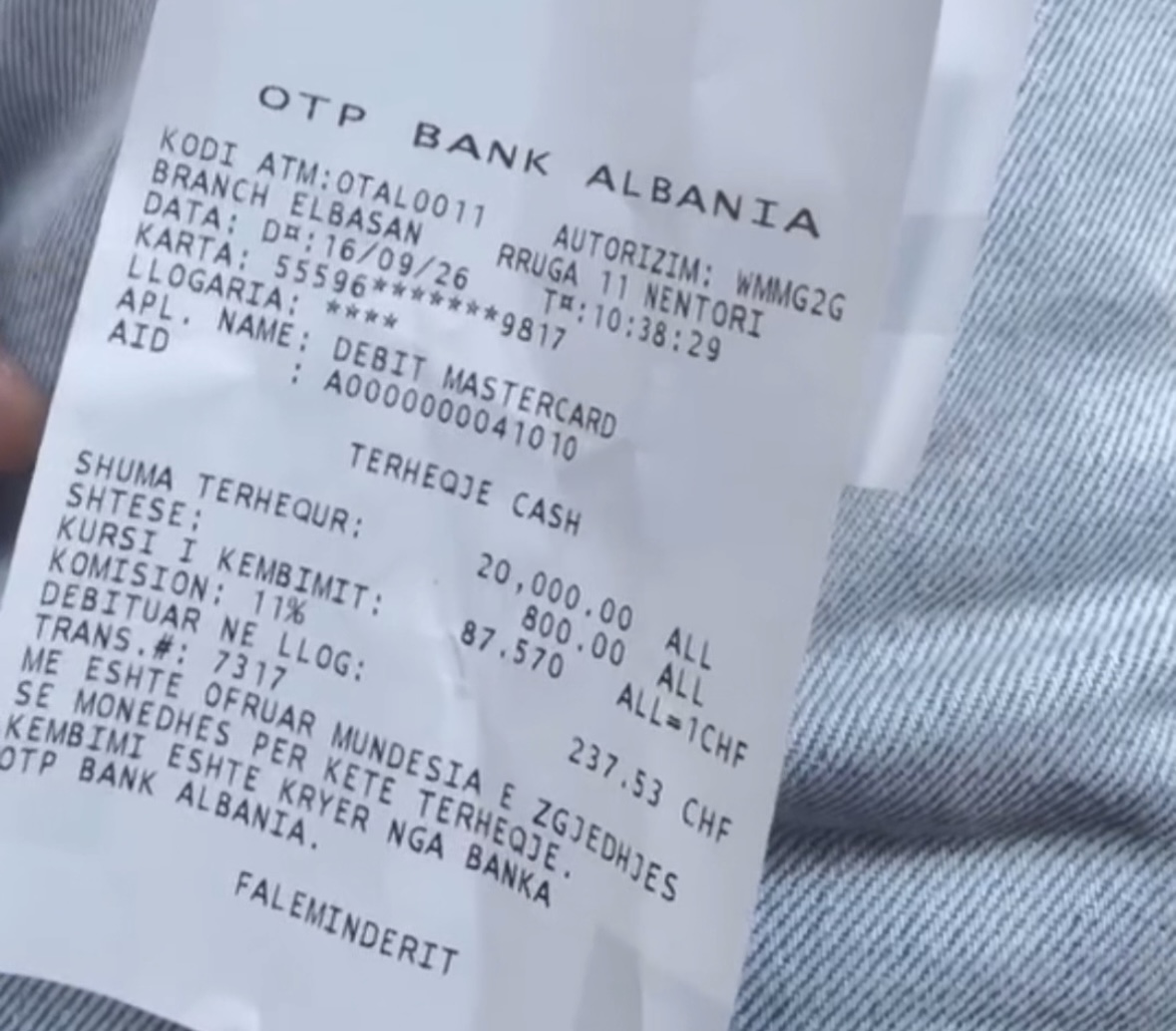 Qytetari tërheq 200 mijë lekë nga ATM-ja, OTP i mban 237 franga