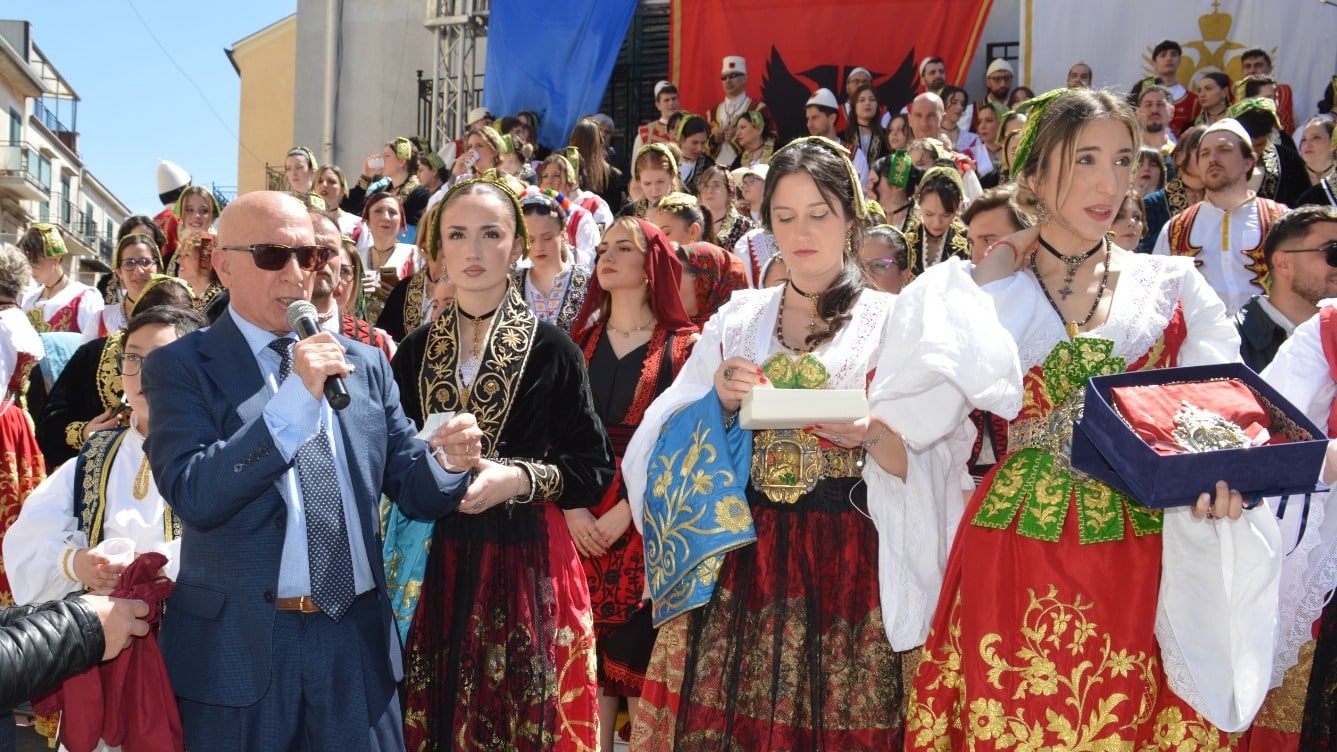 giorgio cuccia speaks before an arbereshe cultural procession during easter week in piana degli albanesi