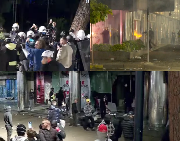 FOTO/ Përleshje polici-protestues në Bulevard, disa të rinj shkatërrojnë fasadat e bizneseve. Ka të shoqëruar